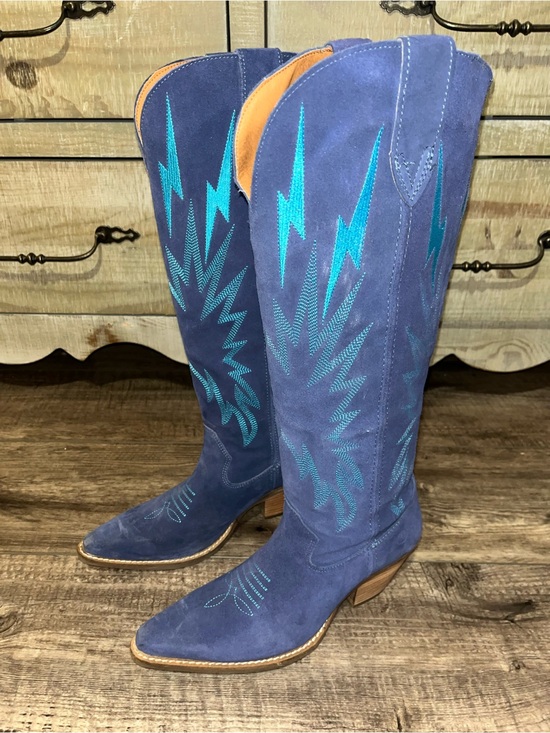 dingo Shoes - Blue Suede Women's Western Knee-High Boots with Teal Stitching